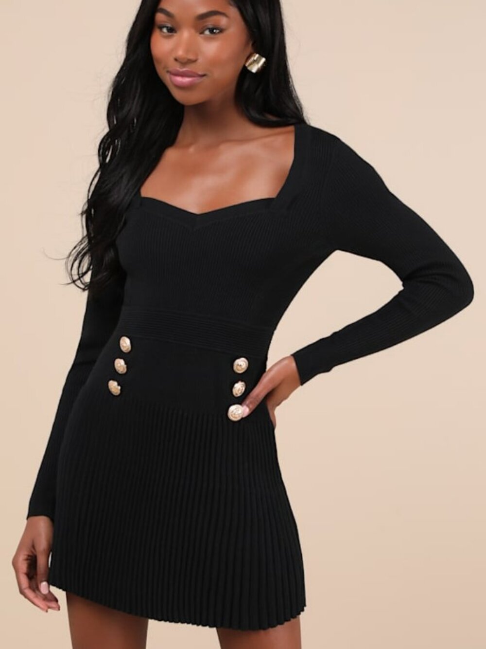 Lulus Chicest Crush Black Ribbed Long Sleeve Mini Sweater Dress - Size L